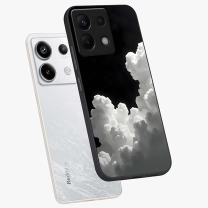 Black Background With White Cloud Glass Case displayed in angled mockup highlighting soft white cloud illustration and minimal design.