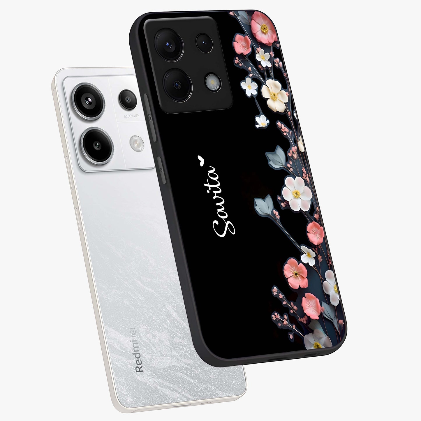 Black Elegance Floral Custom Name Glass Case displayed in angled mockup highlighting dark floral aesthetic and custom name feature.