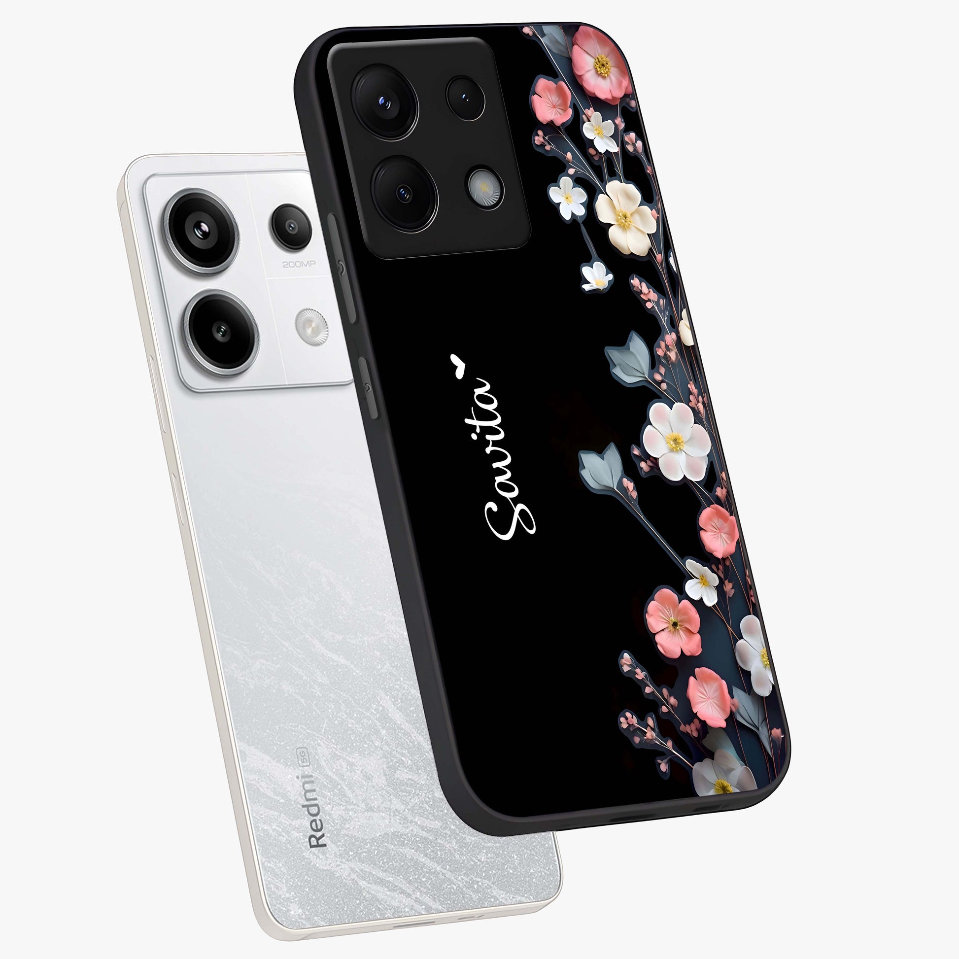 Black Elegance Floral Custom Name Glass Case displayed in angled mockup highlighting dark floral aesthetic and custom name feature.