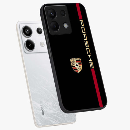 Black Minimal Porsche Glass Case displayed in angled mockup highlighting modern minimal car illustration and clean aesthetic design.