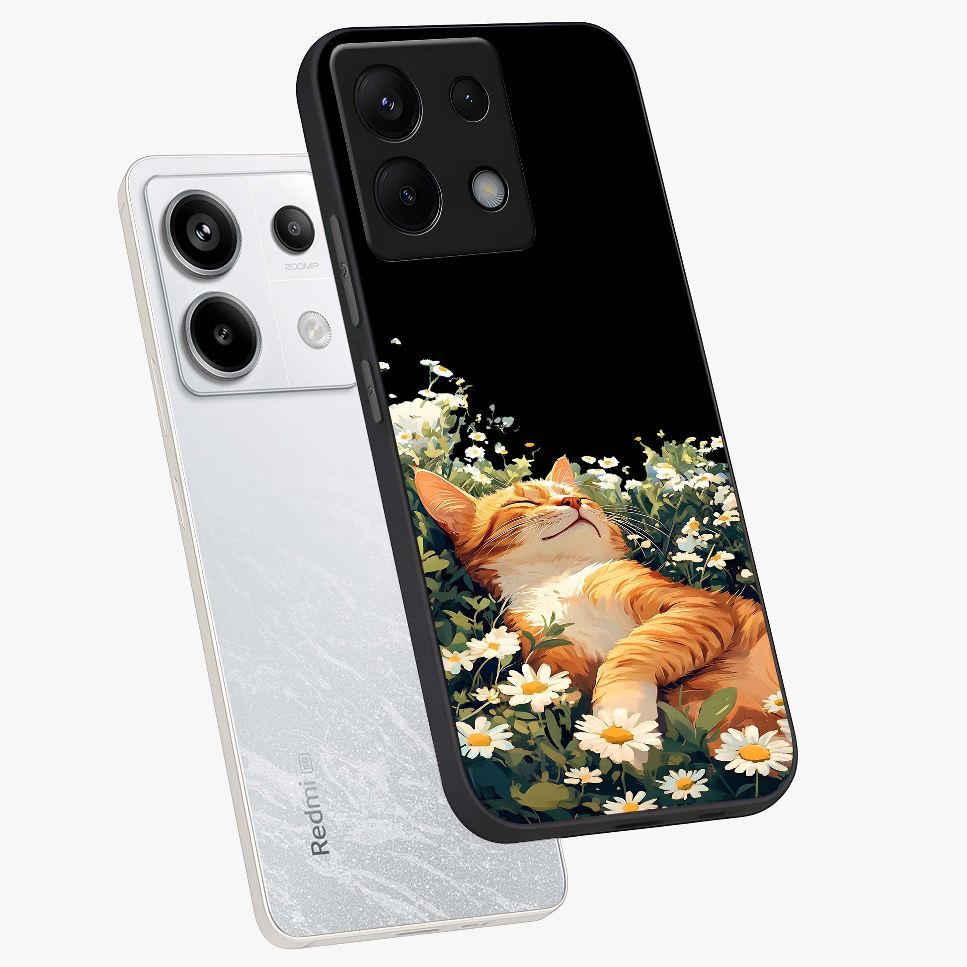Blissful Bloom Cat Glass Case displayed in angled mockup highlighting playful feline illustration with soft floral aesthetic.
