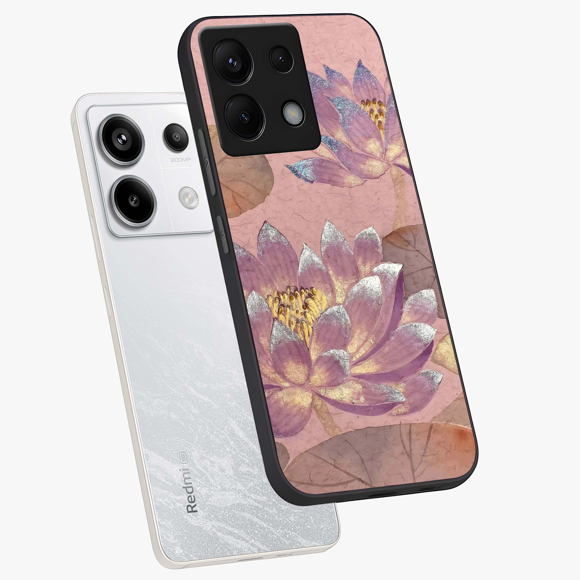Blossom Mist Lotus Glass Case displayed in angled mockup highlighting delicate lotus illustration with calm aesthetic theme.