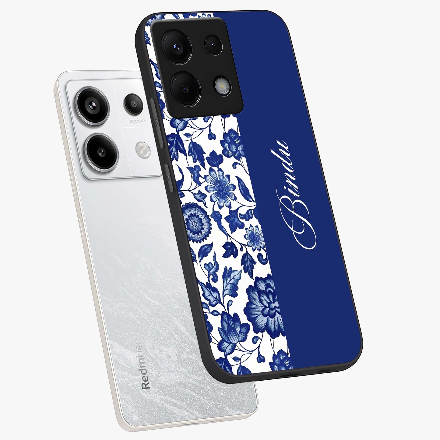 Blue Vintage Floral Pattern Glass Case displayed in angled mockup highlighting subtle bloom pattern with aesthetic pastel design.