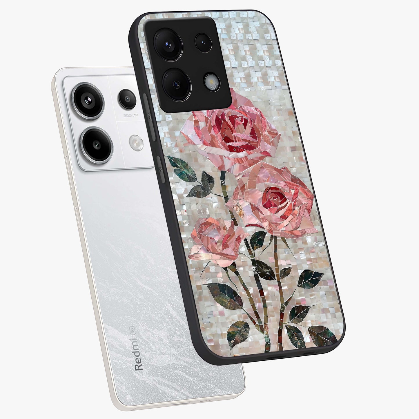 Blush Mosaic Bloom Glass Case displayed in angled mockup highlighting artistic mosaic flower pattern with aesthetic design.
