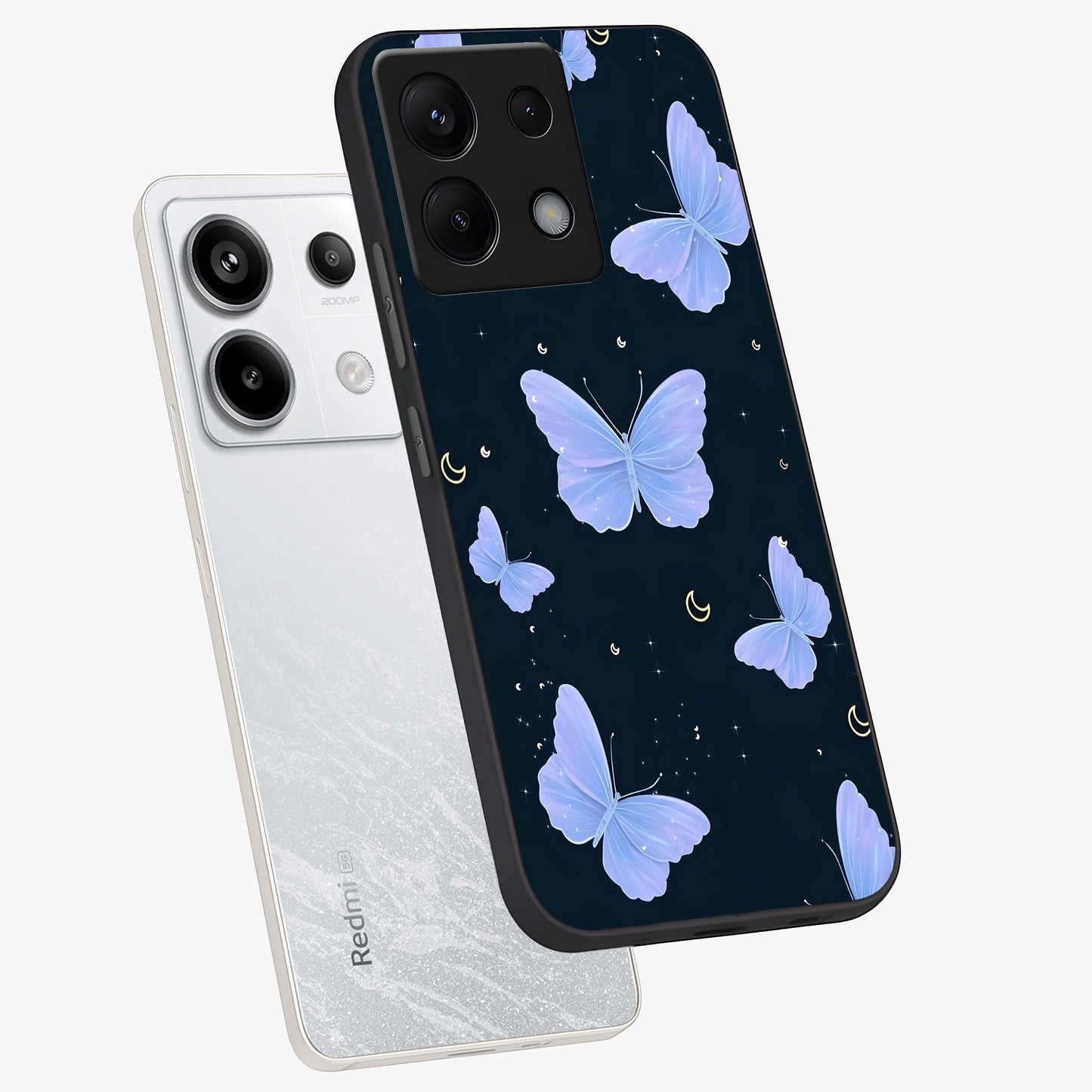 Butterfly With Stars Pattern Glass Case displayed in angled mockup highlighting dreamy butterfly and star design with aesthetic theme.