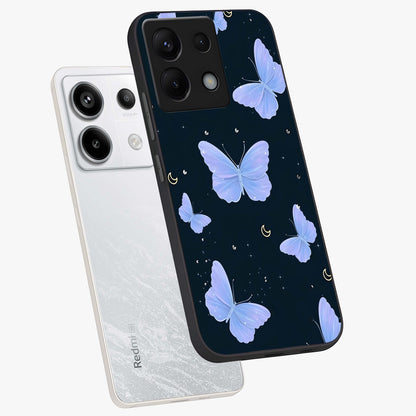 Butterfly With Stars Pattern Glass Case displayed in angled mockup highlighting dreamy butterfly and star design with aesthetic theme.