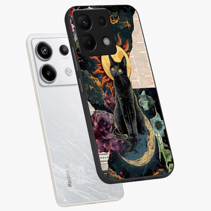 Celestial Black Cat Glass Case displayed in angled mockup highlighting cosmic black cat design with celestial aesthetic.