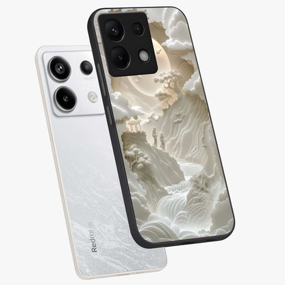 Celestial Origami Glass Case displayed in angled mockup highlighting geometric origami design with cosmic aesthetic theme.