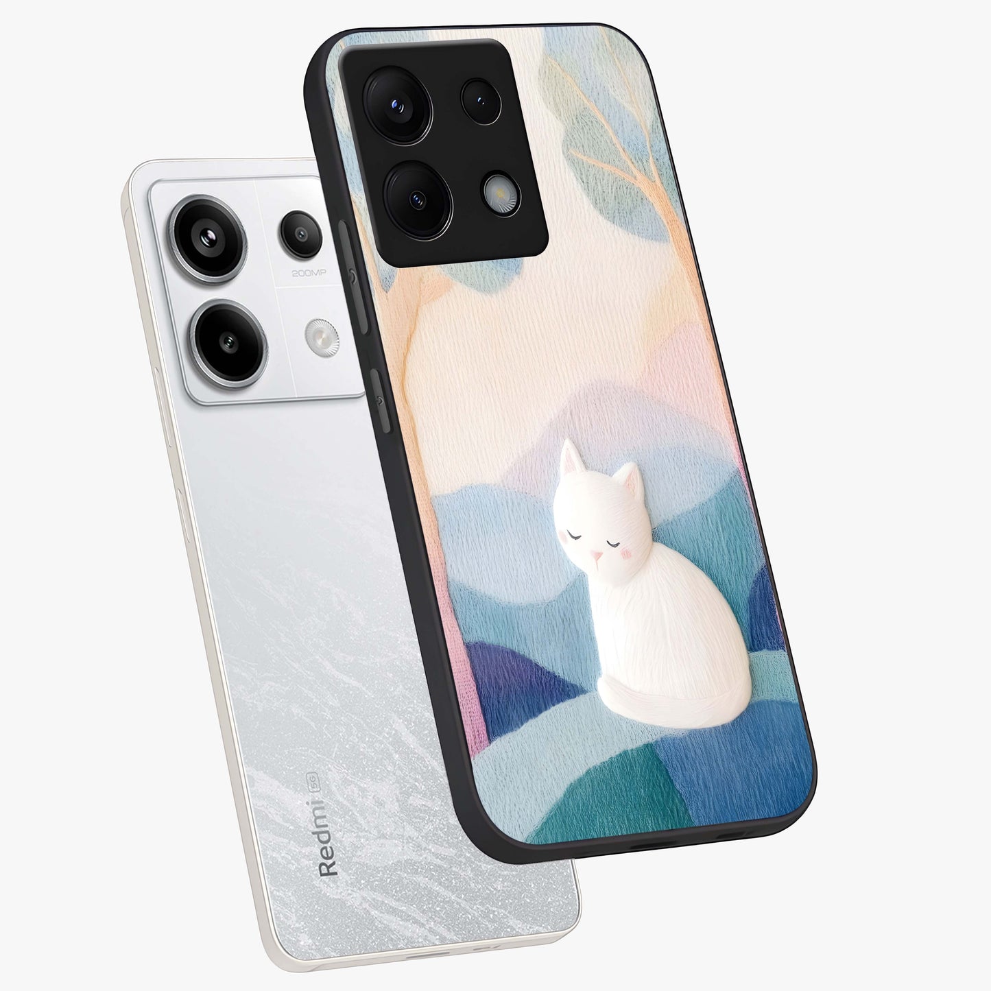 Cotton Dream Cat Glass Case displayed in angled mockup highlighting cute feline illustration with pastel aesthetic style.