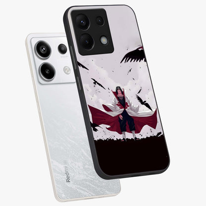 Crimson Crow Ascension Glass Case displayed in angled mockup highlighting powerful crow illustration with dark crimson aesthetic.