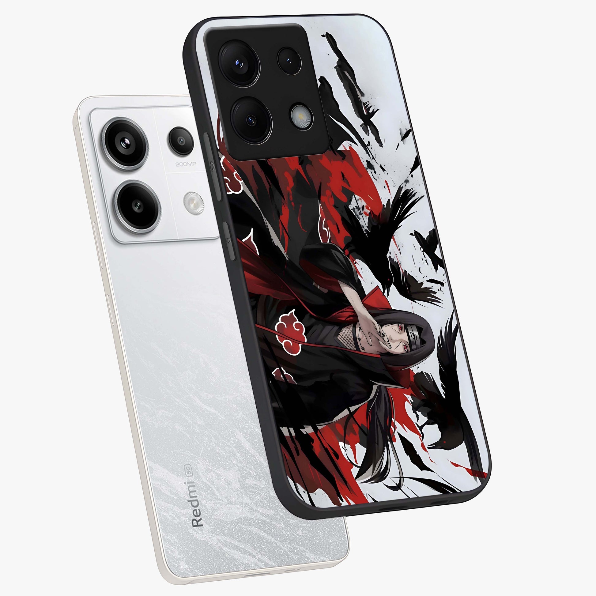 Crimson Crow Illusion Glass Case displayed in angled mockup highlighting mysterious crow graphic with dark aesthetic style.