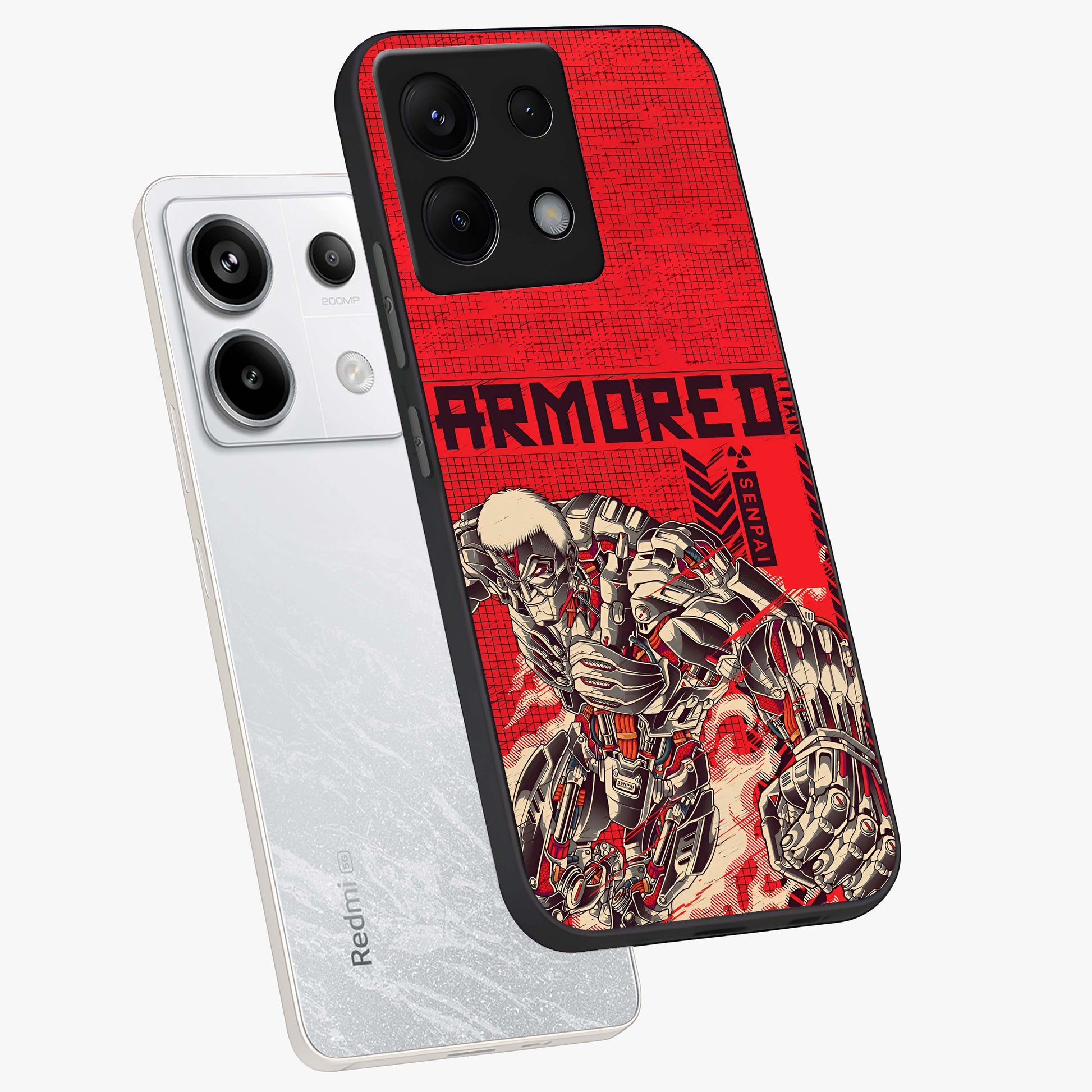 Crimson Mecha Titan Glass Case displayed in angled mockup highlighting futuristic mech illustration with bold crimson aesthetic.