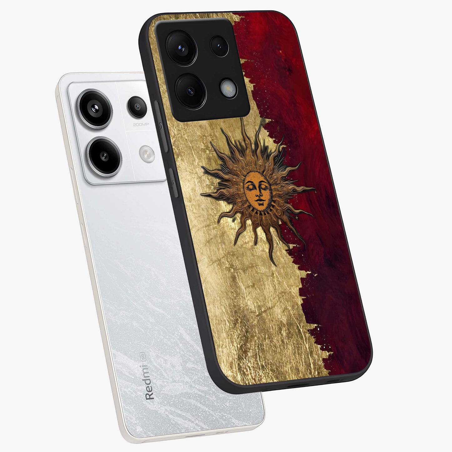 Crimson Sun Majesty Glass Case displayed in angled mockup highlighting majestic crimson sun design with bold aesthetic style.