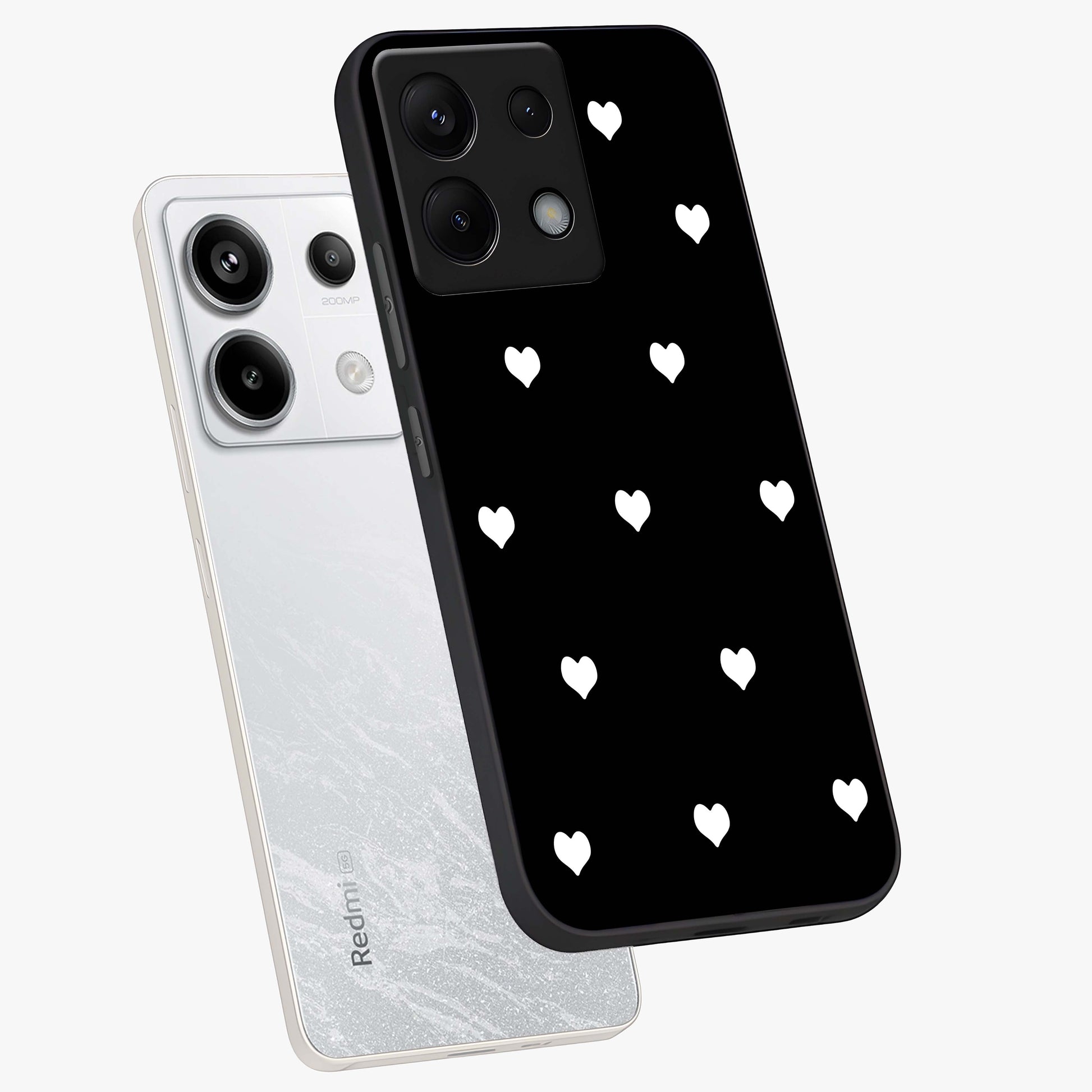 Cute And Simple White Hearts Glass Case displayed in angled mockup highlighting cute heart design with clean aesthetic style.