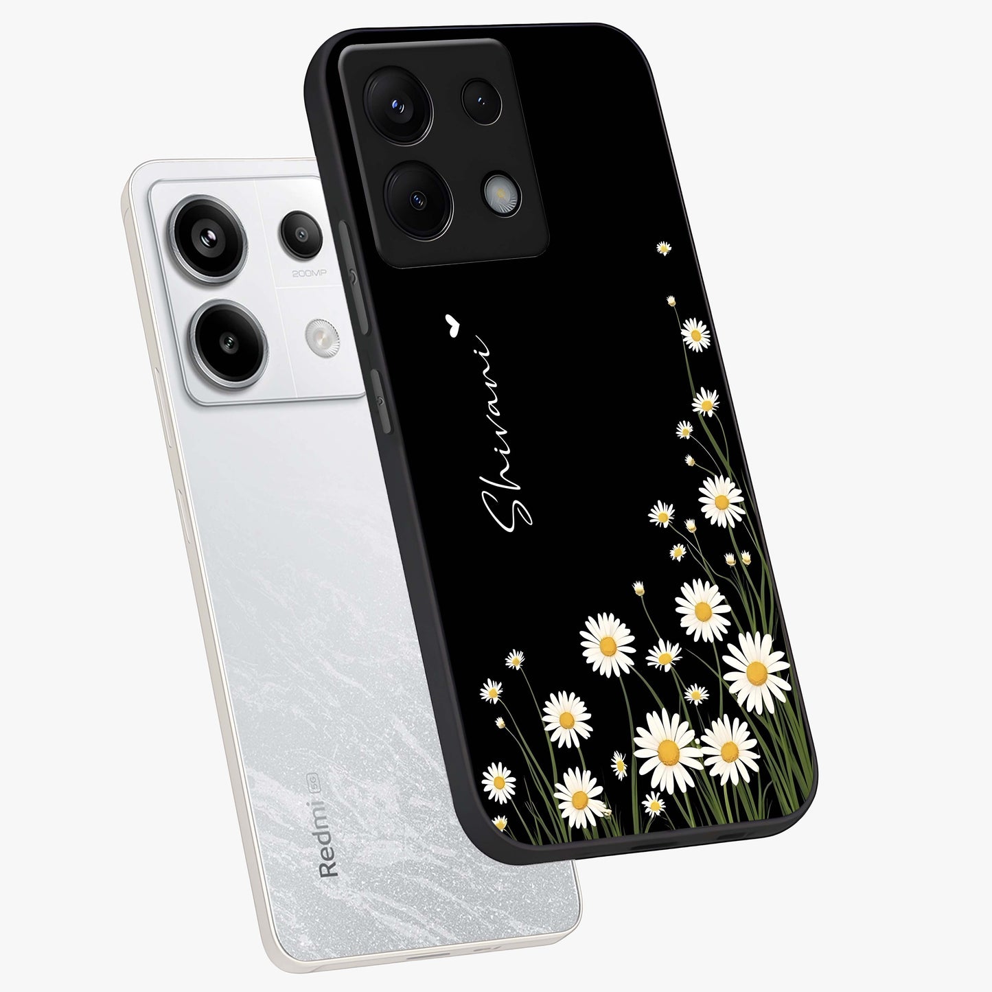Daisy Cascade Custom Name Glass Case displayed in angled mockup highlighting delicate daisy artwork with custom name feature.