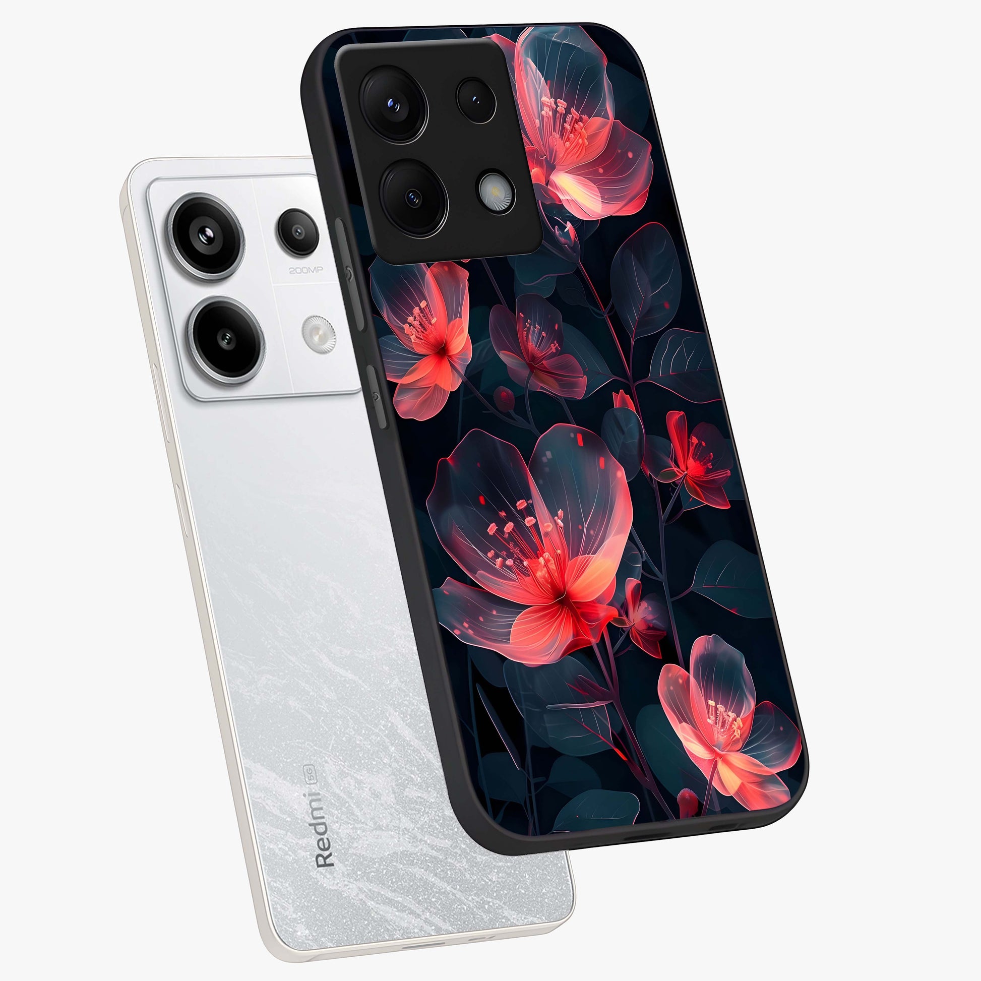Dark Shade of Flower Glass Case displayed in angled mockup highlighting moody floral illustration with aesthetic dark tones.