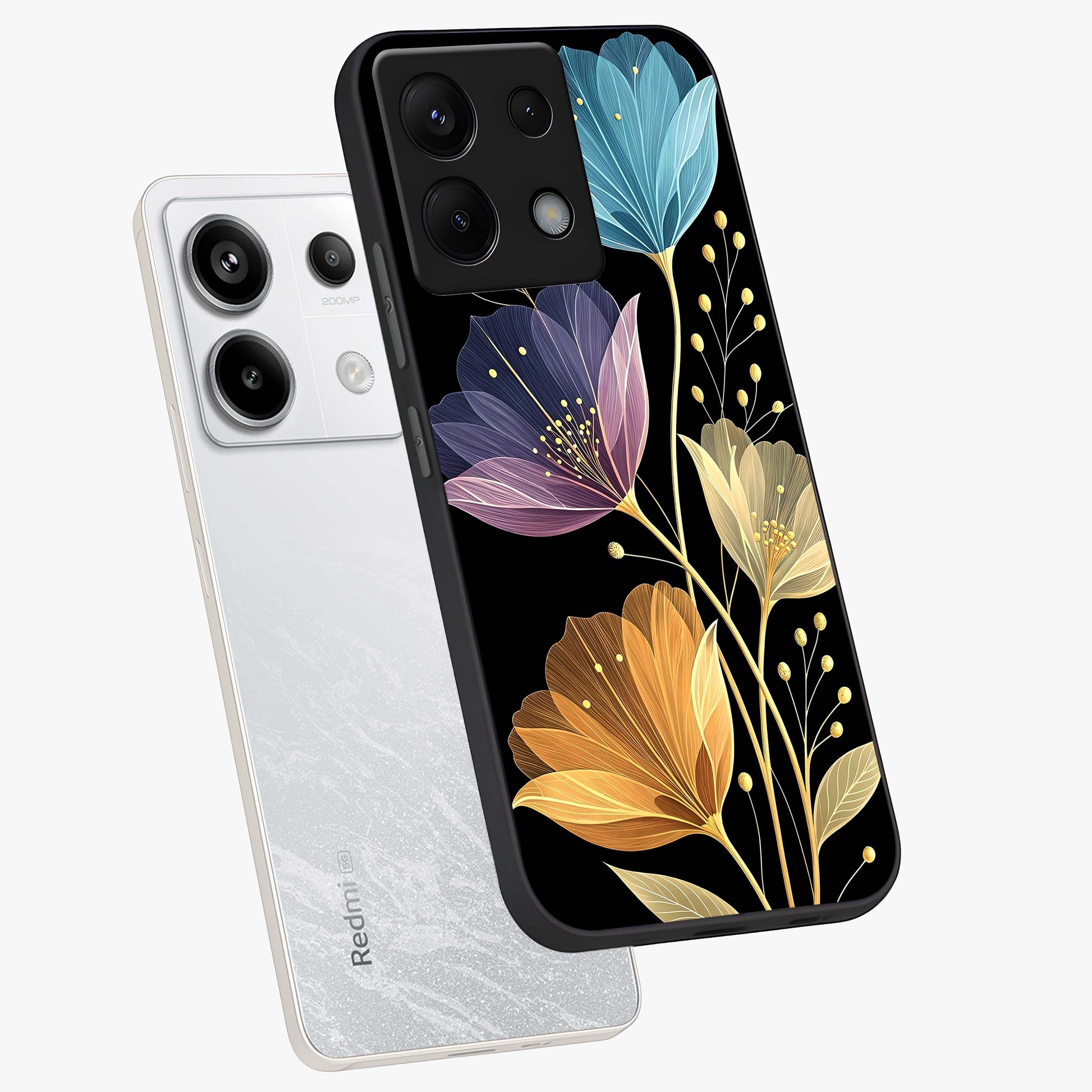 Delicate Multicolor Flowers Glass Case displayed in angled mockup highlighting colorful flower pattern with soft aesthetic style.
