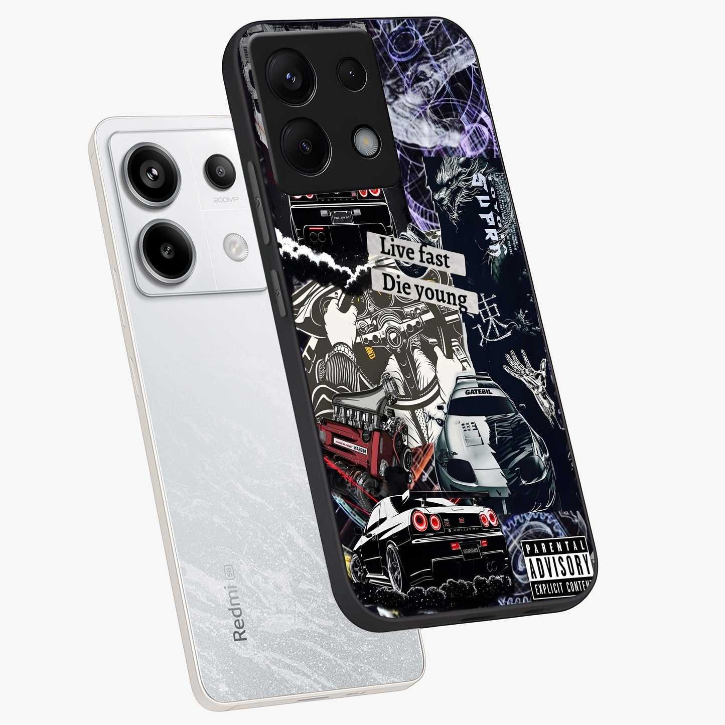 Die Young Glass Case displayed in angled mockup highlighting expressive graphic artwork with edgy aesthetic style.