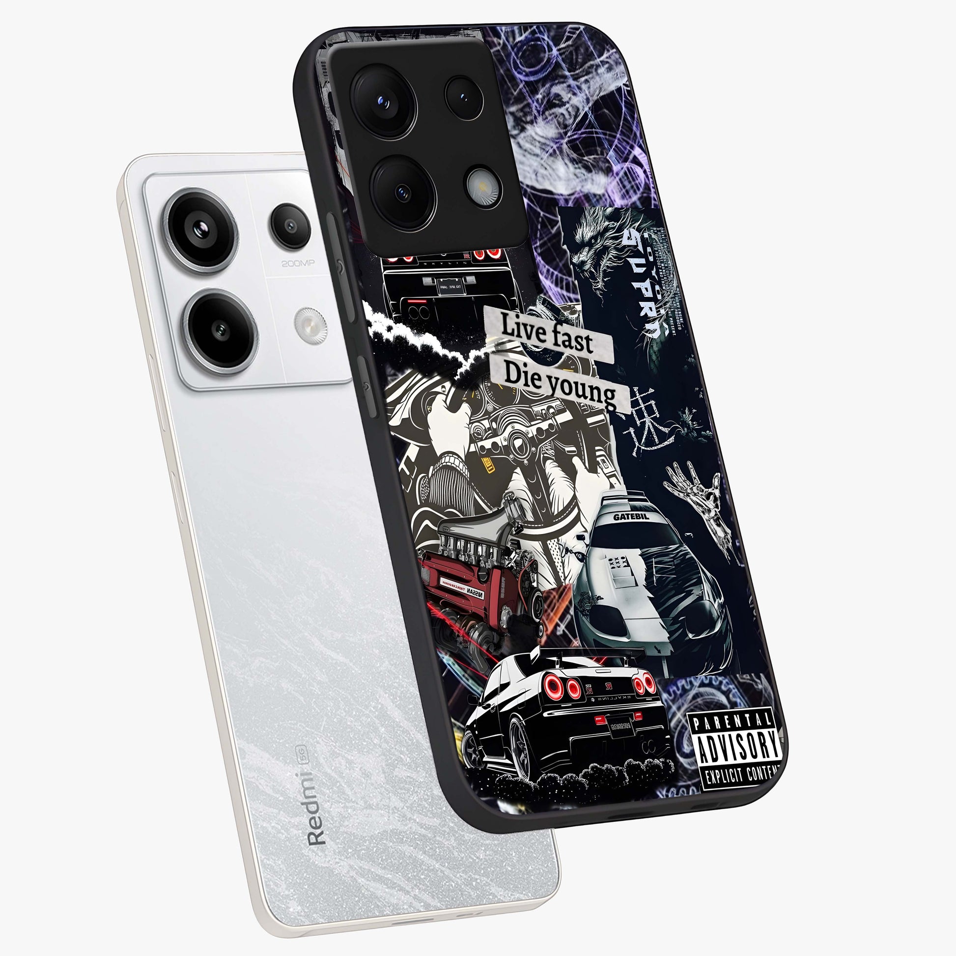 Die Young Glass Case displayed in angled mockup highlighting expressive graphic artwork with edgy aesthetic style.