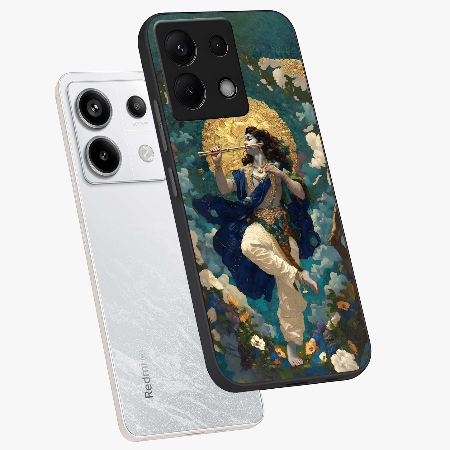 Divine Krishna Art Glass Case displayed in angled mockup highlighting spiritual Krishna illustration with devotional aesthetic.