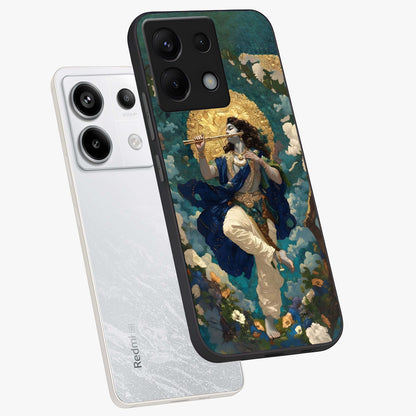Divine Krishna Art Glass Case displayed in angled mockup highlighting spiritual Krishna illustration with devotional aesthetic.