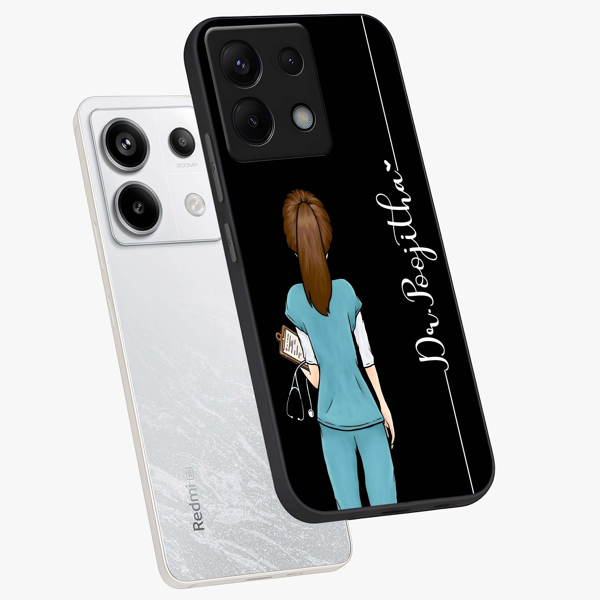 Doctor Pattern Custom Name Glass Case displayed in angled mockup highlighting doctor inspired artwork with custom name feature.