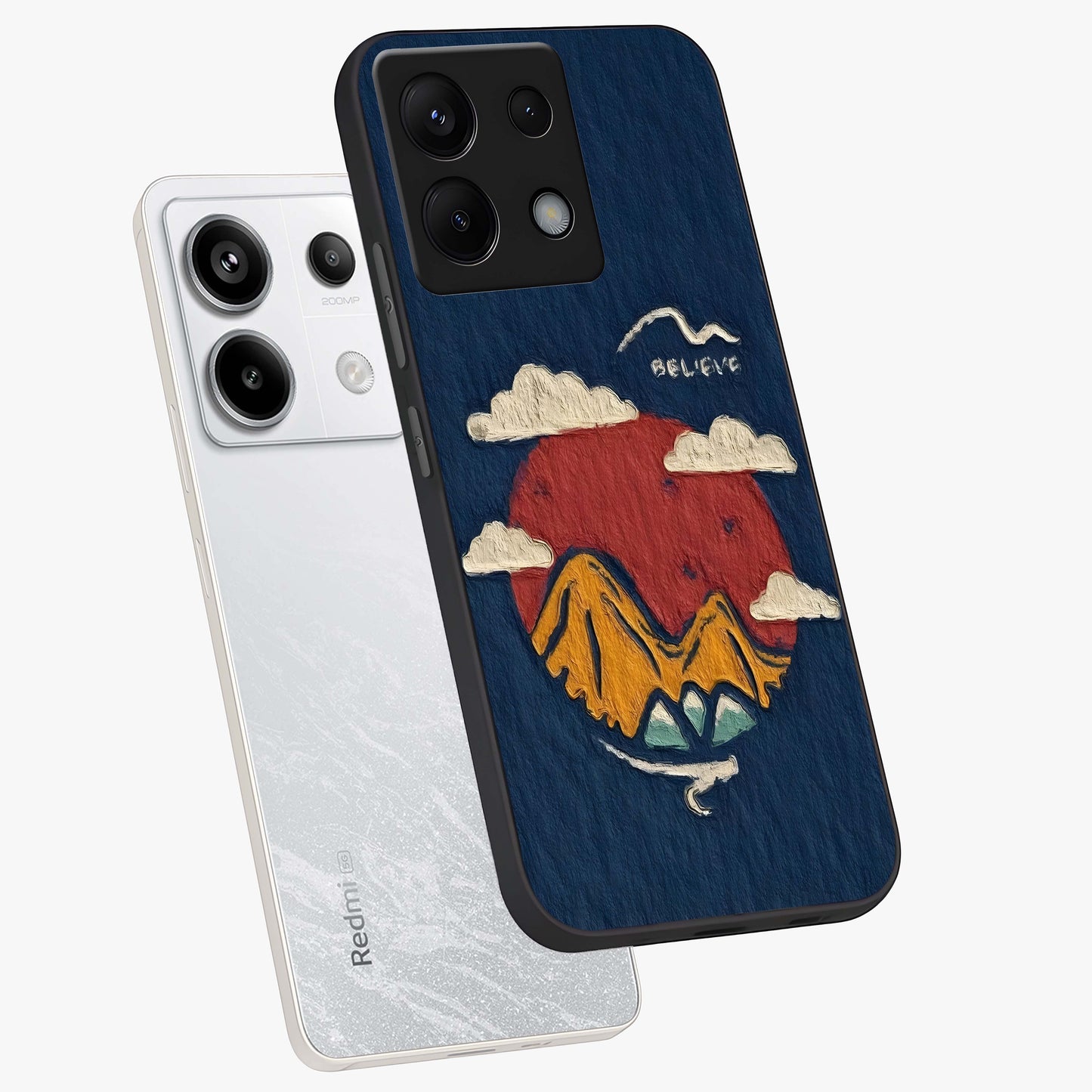 Dream Beyond Mountains Glass Case displayed in angled mockup highlighting dreamy mountain illustration with peaceful aesthetic.