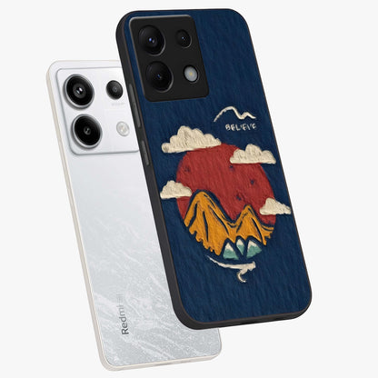 Dream Beyond Mountains Glass Case displayed in angled mockup highlighting dreamy mountain illustration with peaceful aesthetic.