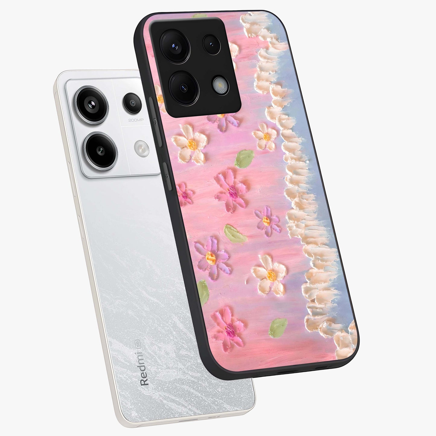 Dreamy Painted Garden Glass Case displayed in angled mockup highlighting colorful garden illustration with dreamy aesthetic style.