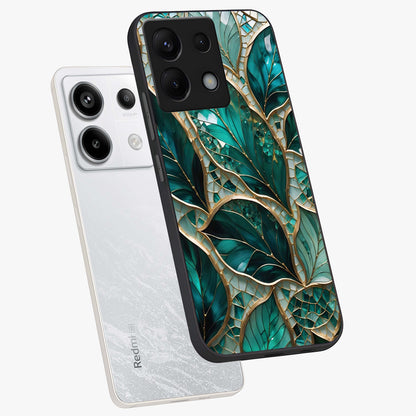 Emerald Leaf Glass Glass Case displayed in angled mockup highlighting botanical leaf illustration with elegant natural aesthetic.