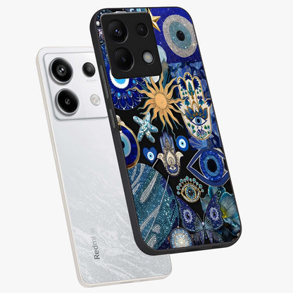 Evil Eye Charm Mix Glass Case displayed in angled mockup highlighting protective evil eye symbols with spiritual aesthetic design.