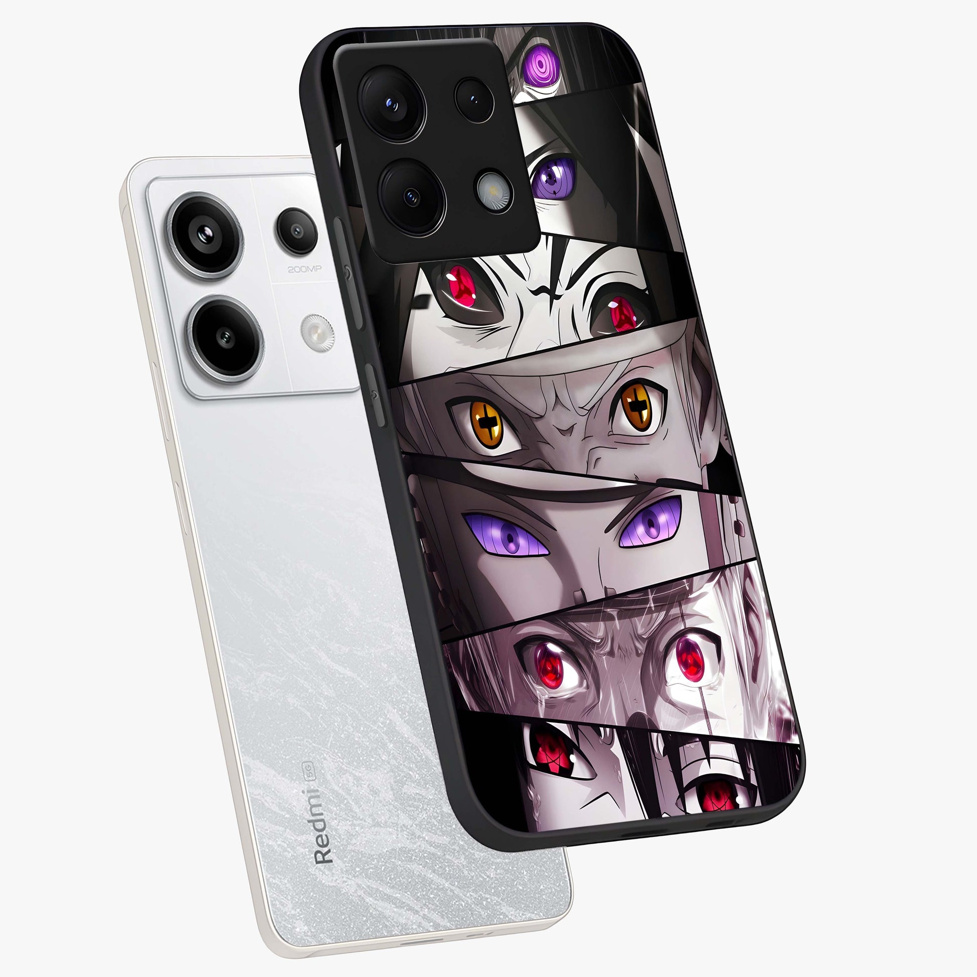 Eyes of Destiny Glass Case displayed in angled mockup highlighting bold eye illustration with mystical aesthetic style.