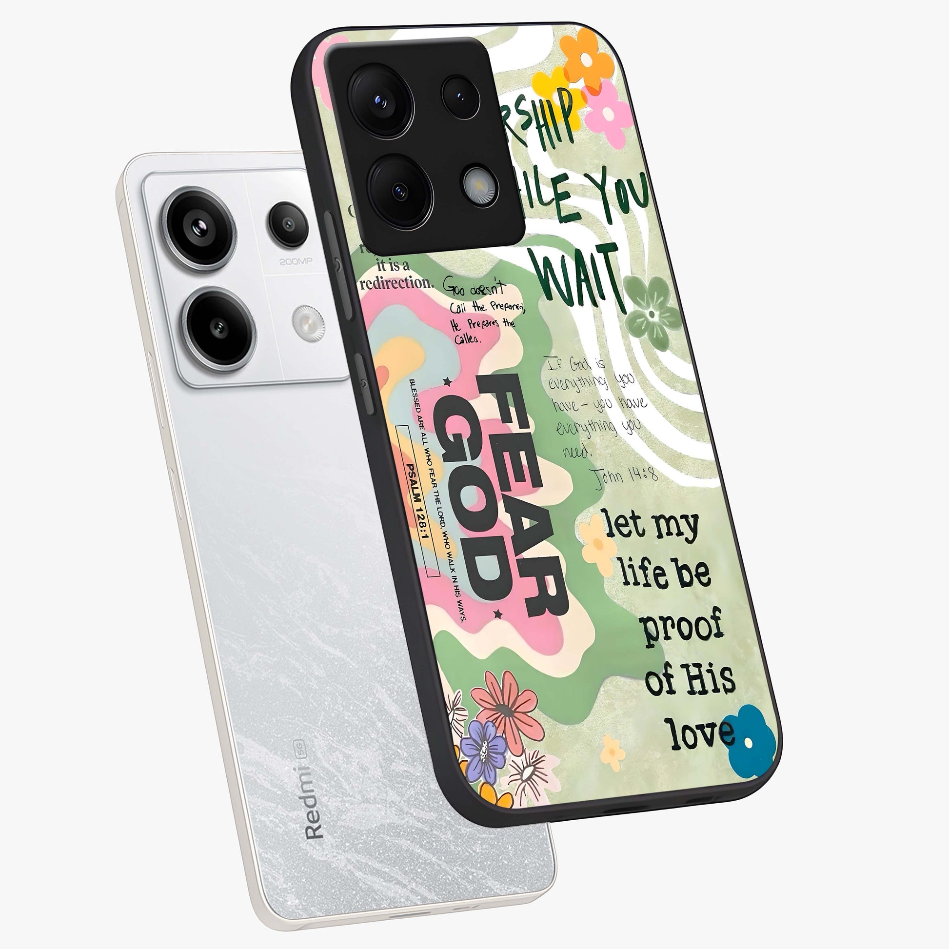 Faith Over Fear Glass Case displayed in angled mockup highlighting inspirational message design with modern aesthetic style.