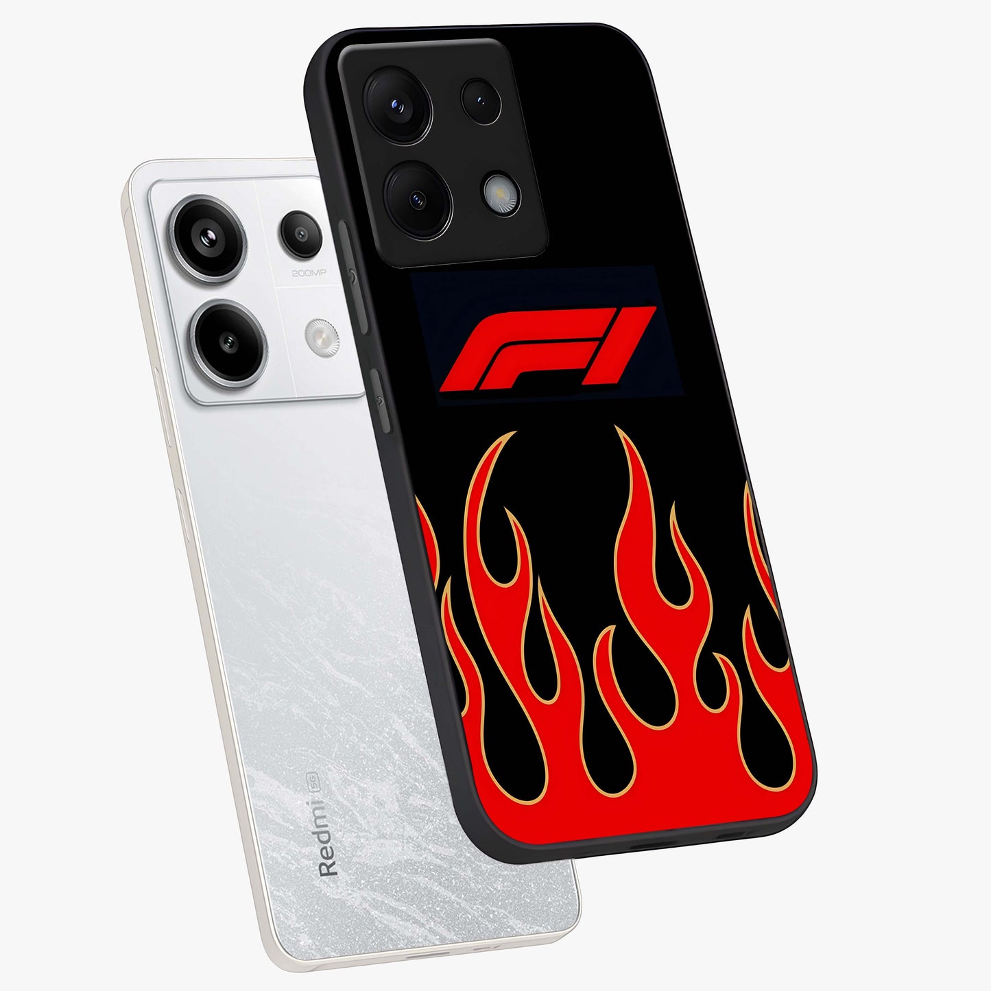 Fire F11 Glass Case displayed in angled mockup highlighting bold fire inspired graphic with energetic aesthetic style.