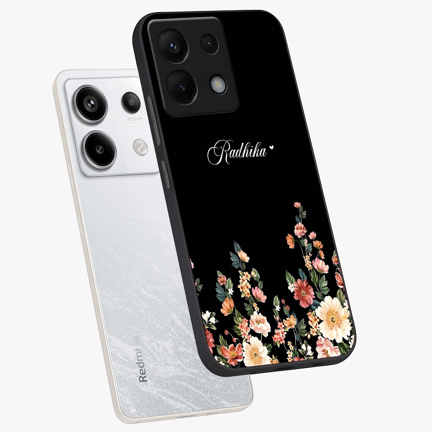 Floral Design With a Custom Personalized Name Glass Case displayed in angled mockup highlighting elegant floral pattern with custom name feature.
