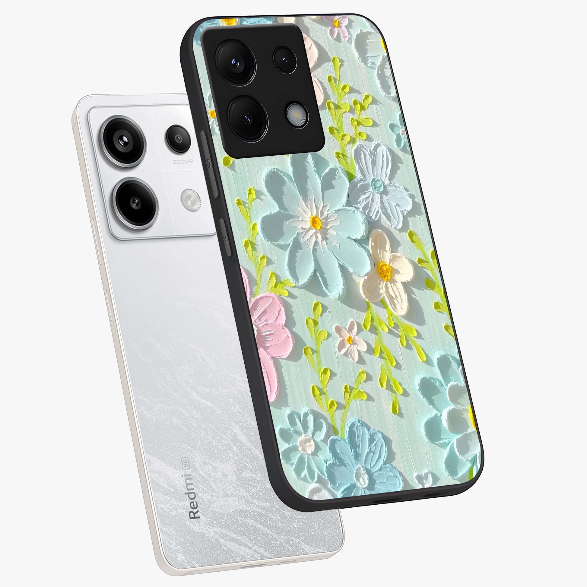 Frosted Petal Garden Glass Case displayed in angled mockup highlighting delicate flower petal design with calm garden aesthetic.