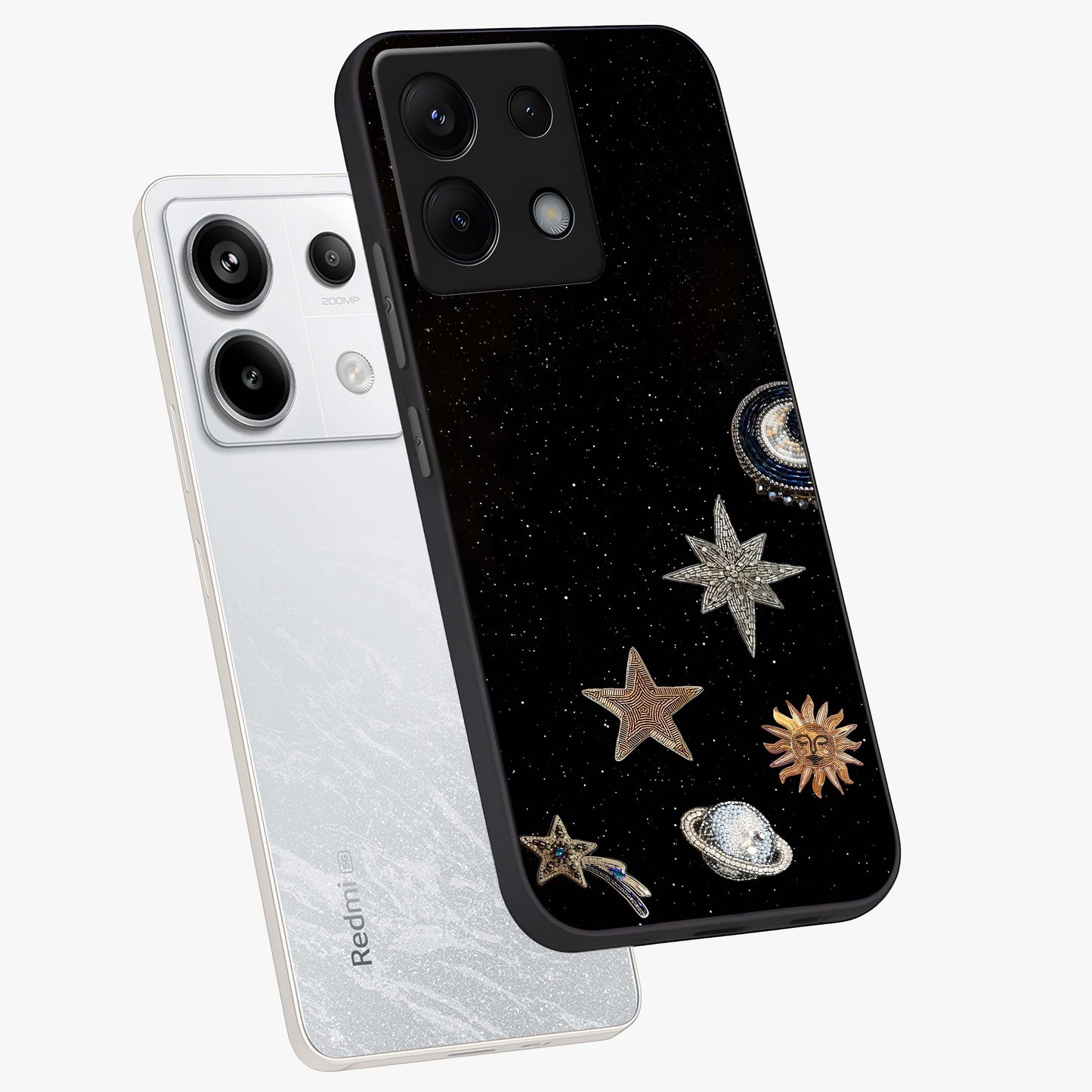 Galactic Charm Glow Glass Case displayed in angled mockup highlighting luminous galaxy inspired design with dreamy aesthetic.