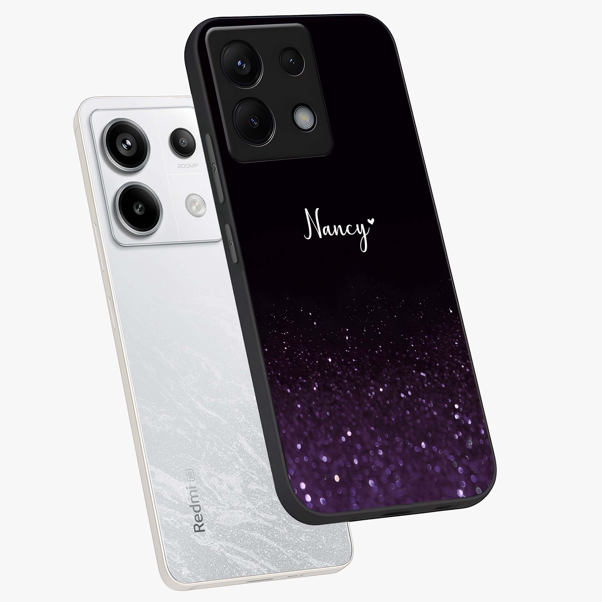 Glittery Purple Bokeh Custom Name Glass Case displayed in angled mockup highlighting glitter bokeh pattern with custom name feature.