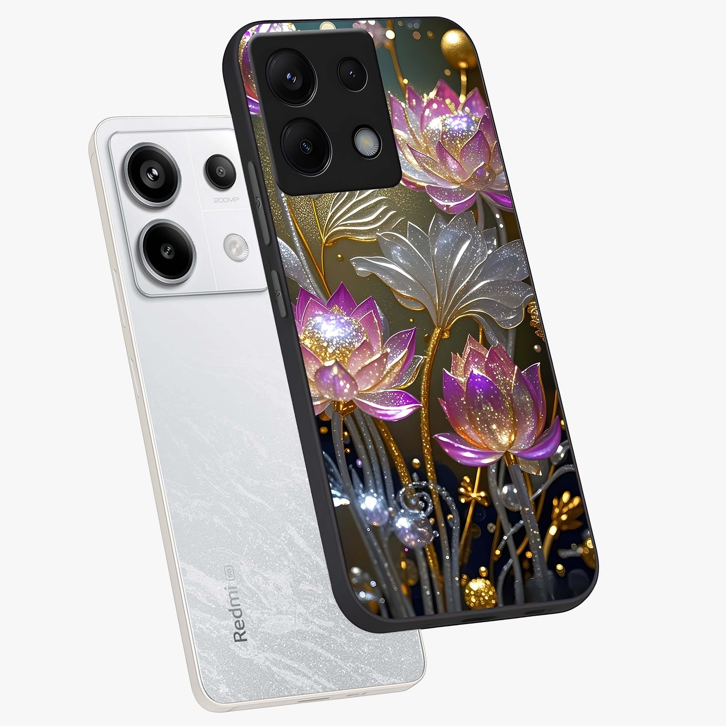 Golden Floral Majesty Glass Case displayed in angled mockup highlighting elegant flower design with royal golden aesthetic.