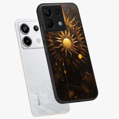 Golden Sun Majesty Glass Case displayed in angled mockup highlighting eerie shadow illustration with gothic aesthetic.
