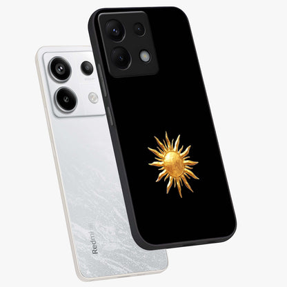 Golden Sun Minimalism Glass Case displayed in angled mockup highlighting eerie shadow illustration with gothic aesthetic.