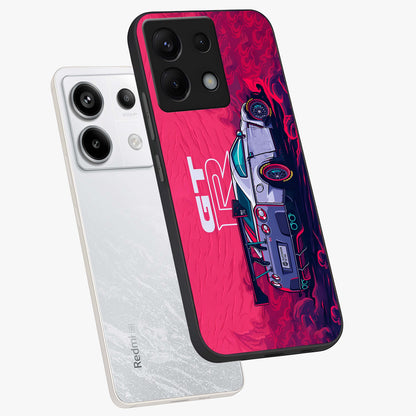 GT-R Car Pattern Glass Case displayed in angled mockup highlighting racing car graphic design with bold automotive aesthetic.