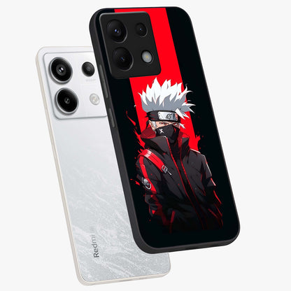 Kakashi Scarlet Shadow Glass Case displayed in angled mockup highlighting dramatic ninja illustration with scarlet themed aesthetic.