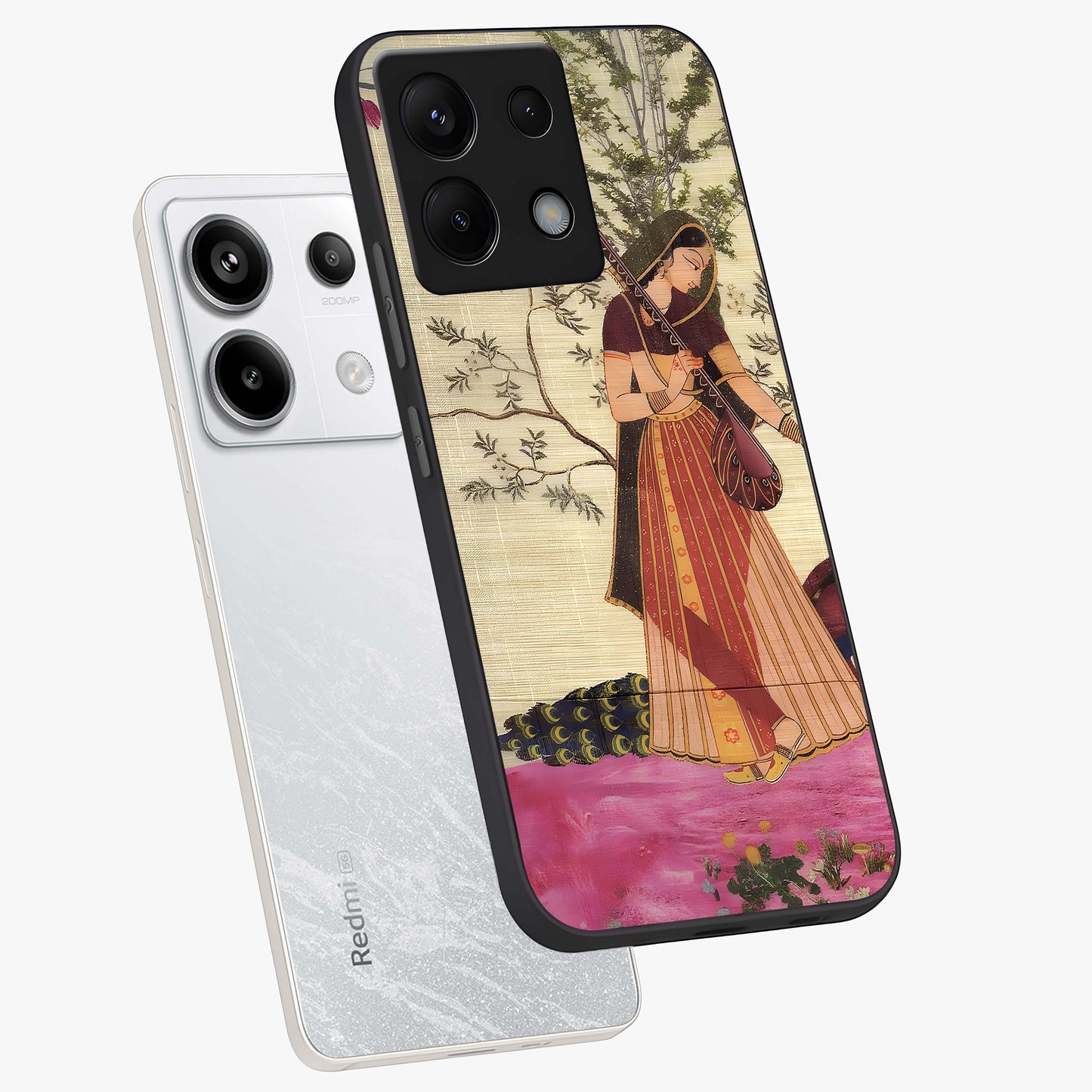 Lady With Veena Art Glass Case displayed in angled mockup highlighting graceful musical illustration with cultural artistic aesthetic.