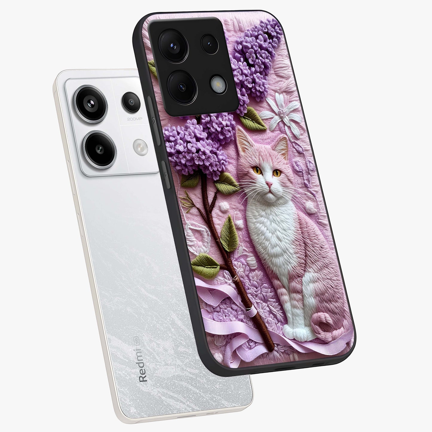 Lavender Cat Whimsy Glass Case displayed in angled mockup highlighting playful feline illustration with pastel lavender aesthetic.