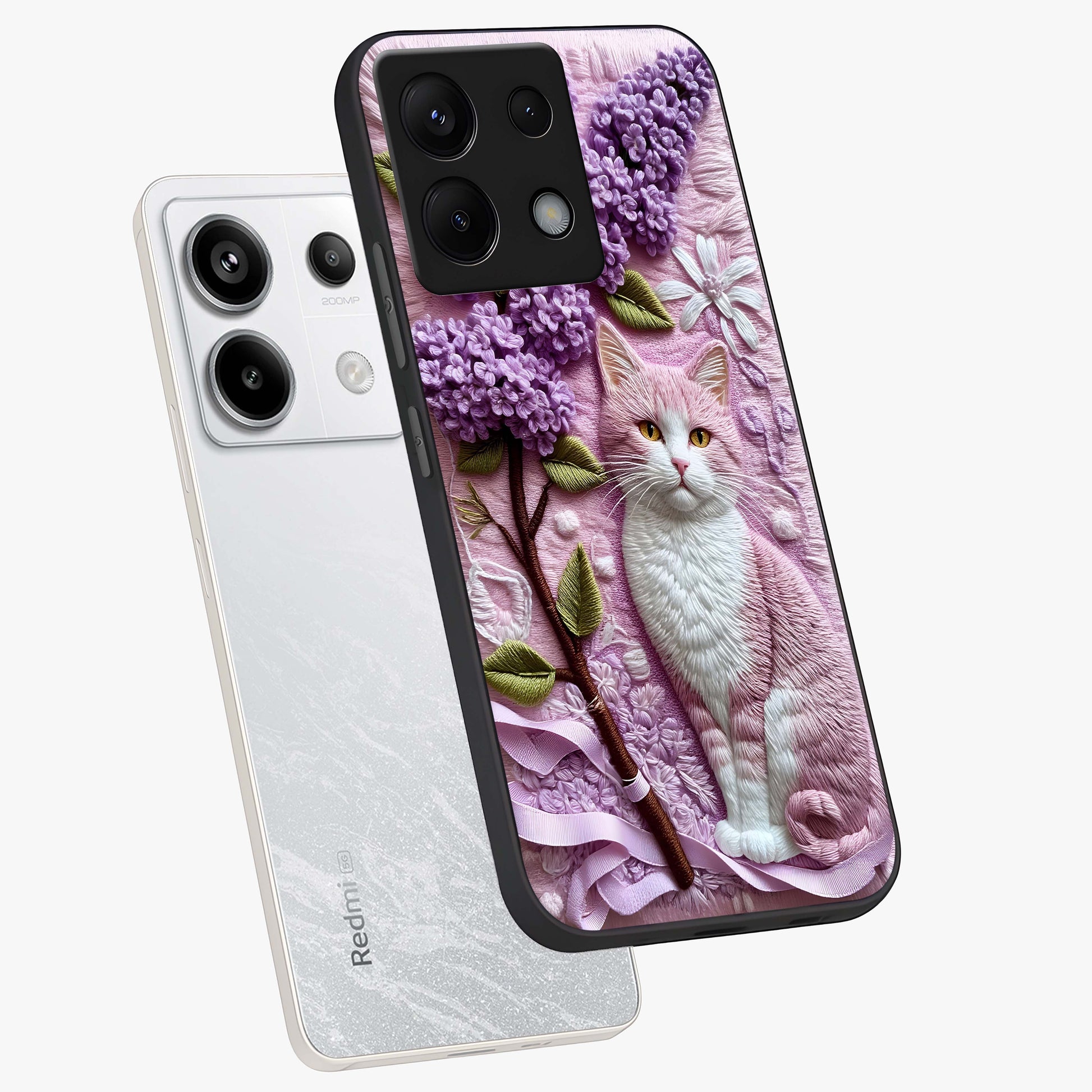 Lavender Cat Whimsy Glass Case displayed in angled mockup highlighting playful feline illustration with pastel lavender aesthetic.