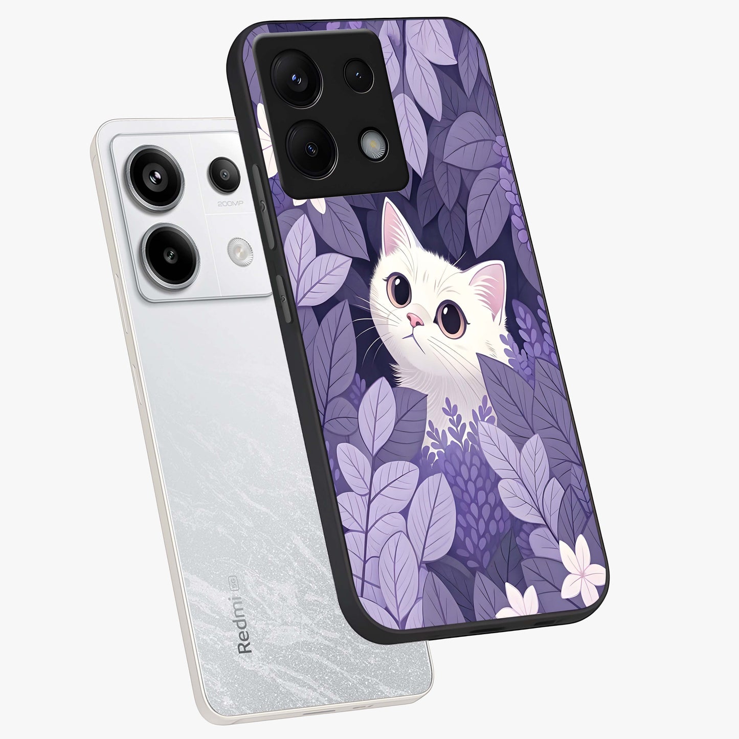 Lilac Hide Peek Cat Glass Case displayed in angled mockup highlighting playful feline illustration with lilac aesthetic design.