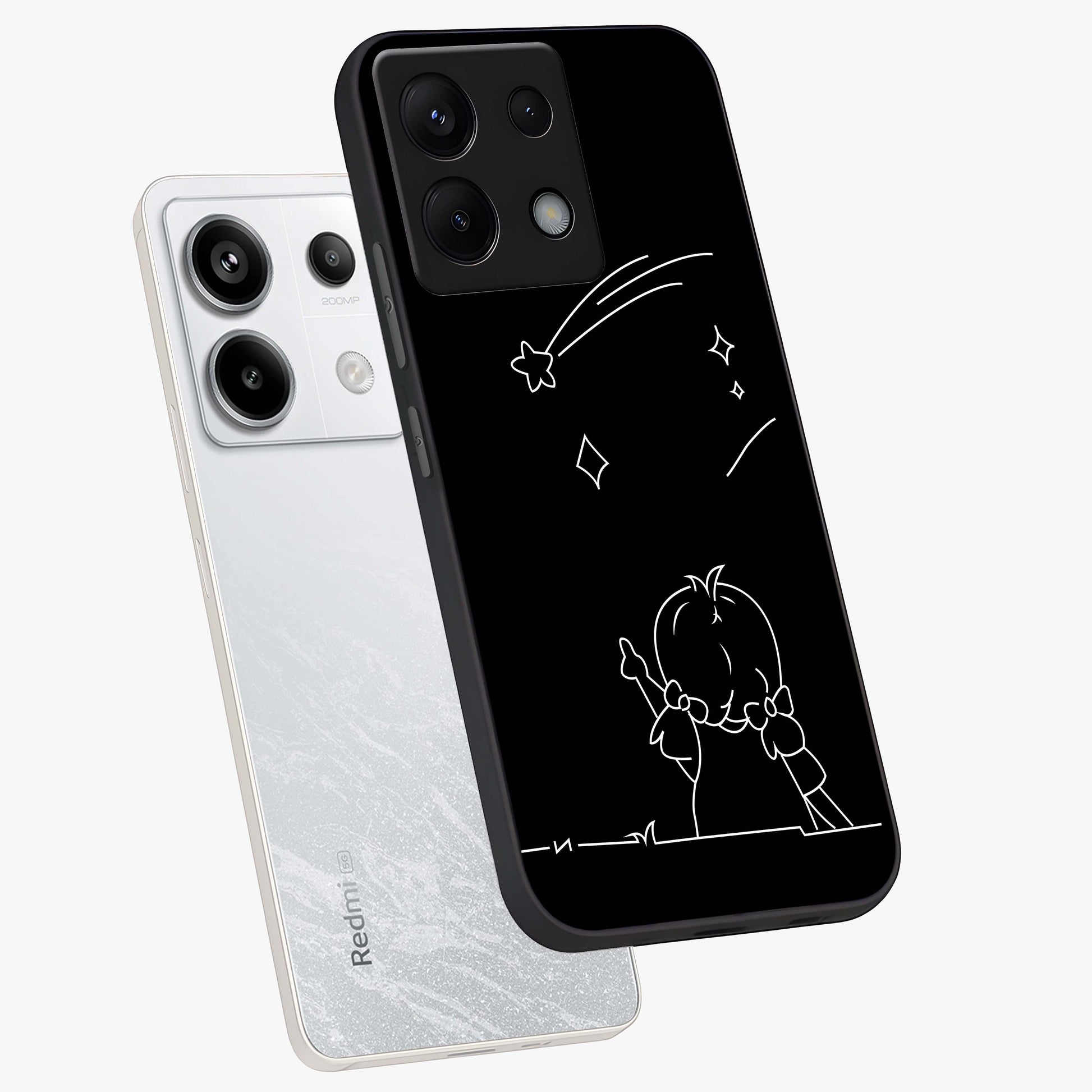 Line Art Girl With Shooting Stars Glass Case displayed in angled mockup highlighting elegant line art design with dreamy star aesthetic.
