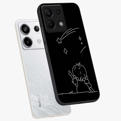 Line Art Girl With Shooting Stars Glass Case displayed in angled mockup highlighting elegant line art design with dreamy star aesthetic.