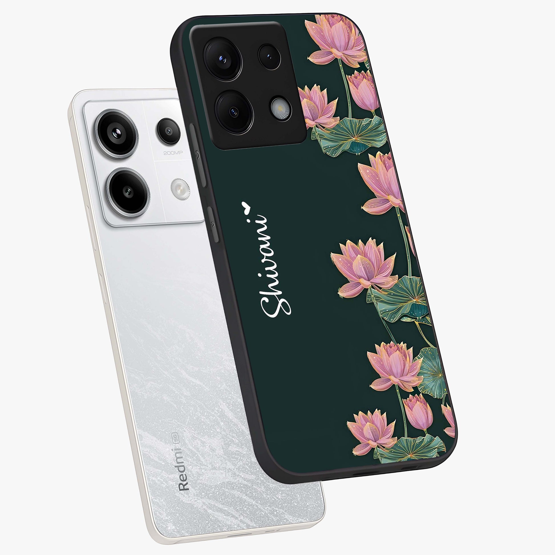 Lotus Bloom Serenity Custom Name Glass Case displayed in angled mockup highlighting graceful lotus illustration with custom name feature.